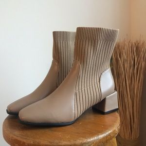 Tan square chunk heel sock boots